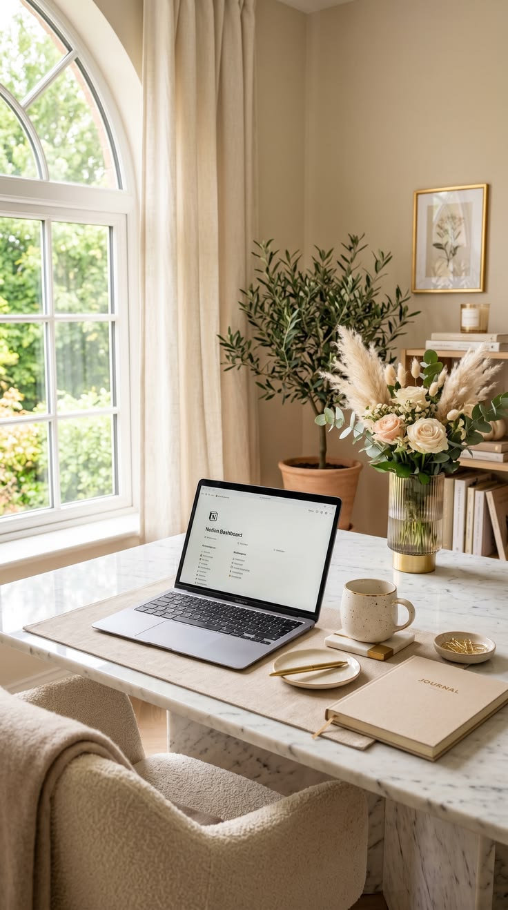 Rustige werkplek met laptop, marmeren tafel en bloemen